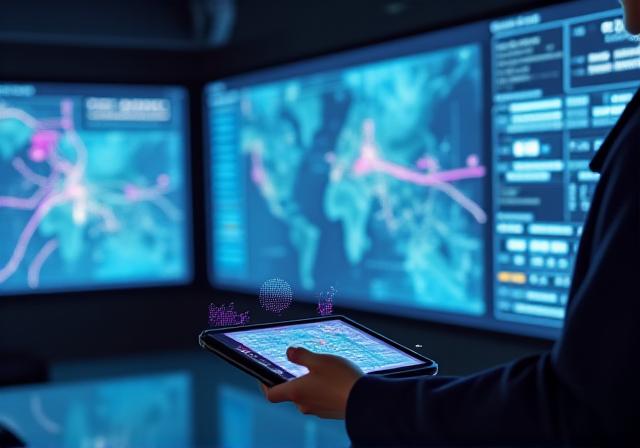 A high-tech logistics control room with analysts monitoring screens
