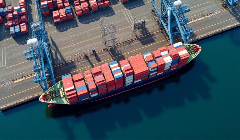 Detailed logistics network map and cargo ship