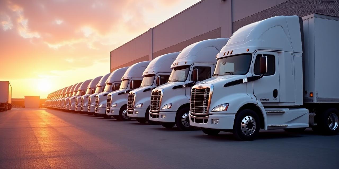 A line of professional logistics heavy-duty trucks parked at a modern Florida transit hub
