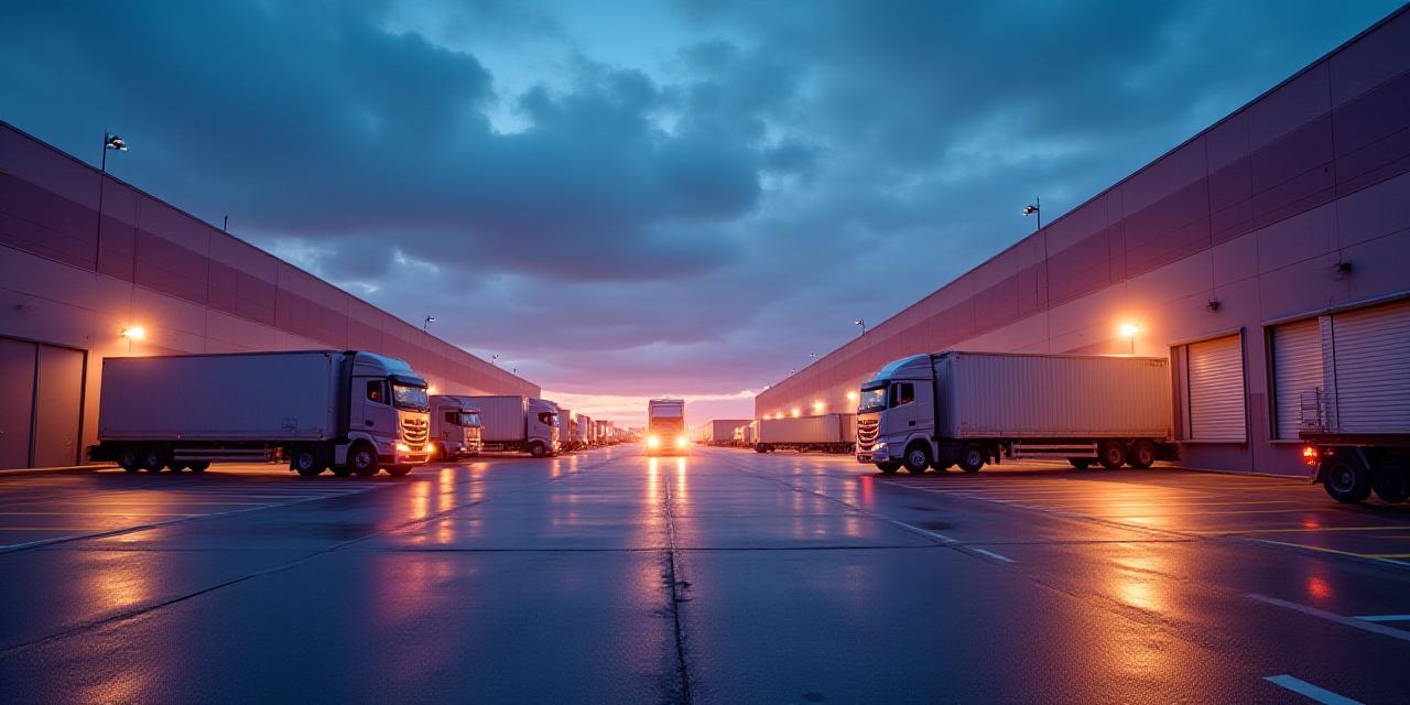 Modern logistics cargo hub with freight trucks